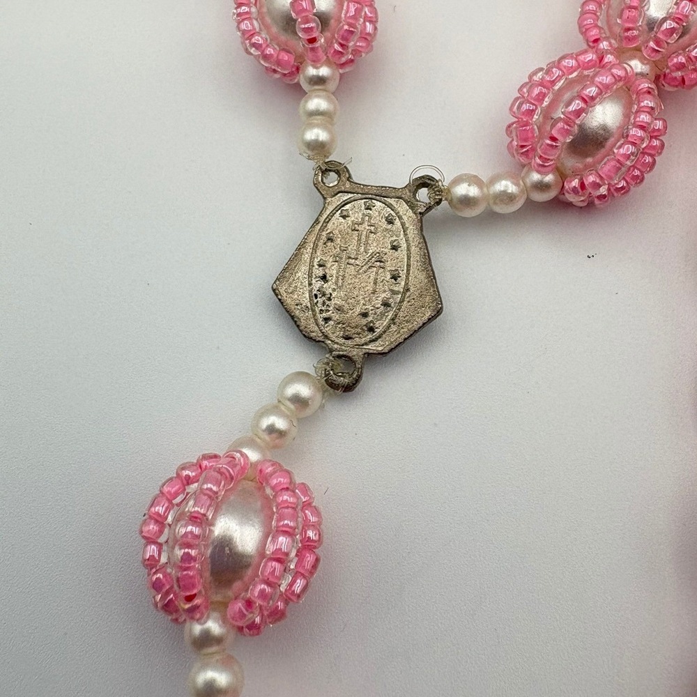 Handmade Pink Seed Bead Faux Pearl Rosary Silver Tone Crucifix Miraculous Medal - Picture 4 of 8